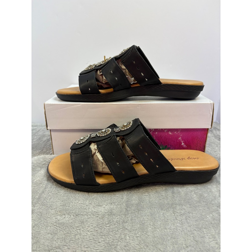 Easy Street Womens Black Beaded Rhinestone Slide Sandals Cushioned‎ Sole 11 Wide